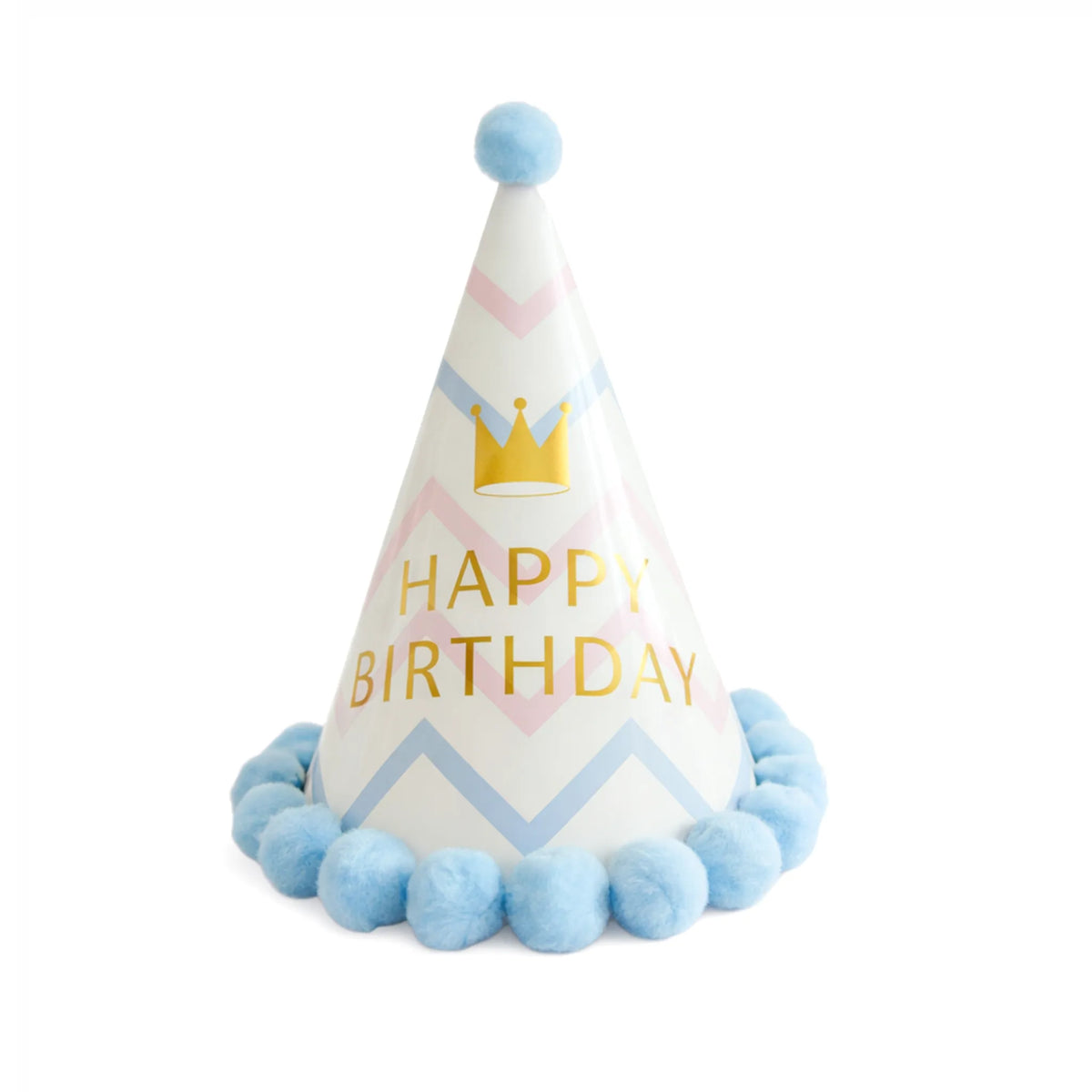 Pastel Chevron Happy Birthday Party Hat with Blue Pom Pom Trim