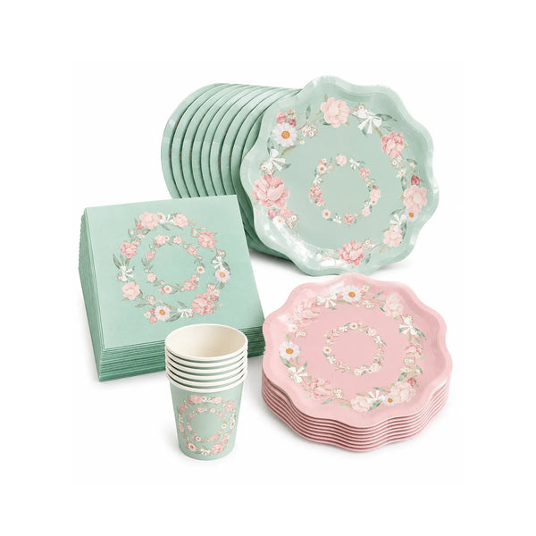 Pastel Floral Paper Tableware Set for 8 with Mint and Pink Scalloped Plates, Cups, and Napkins