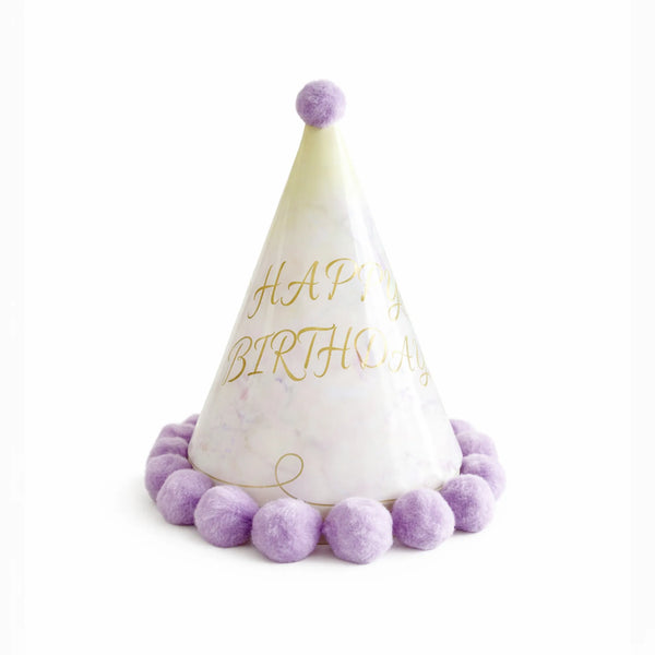 Pastel Marble Happy Birthday Party Hat with Gold Lettering and Lavender Pom Pom Trim