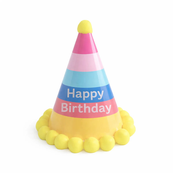 Pastel Rainbow Birthday Party Hat with Yellow Pom Pom Border