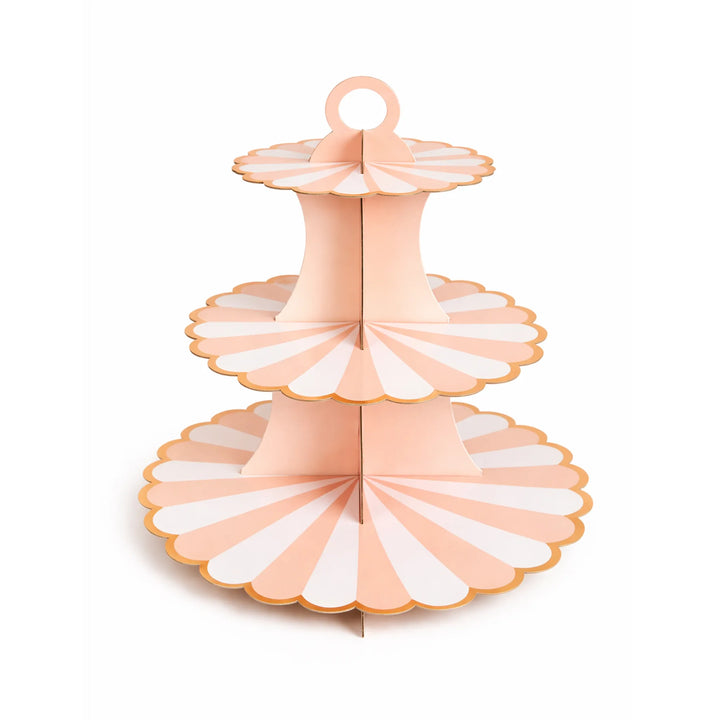 Peach Striped 3 Tier Cupcake Stand with Gold Trim for Showers, Birthdays, and Dessert Displays