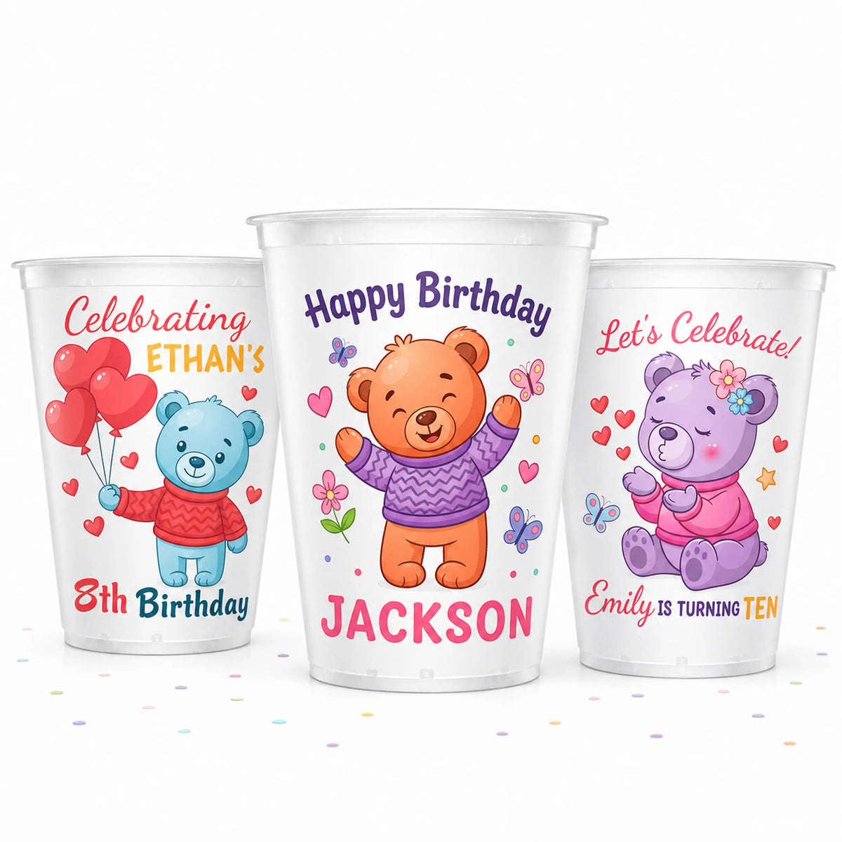 Personalized Teddy Bear Birthday Cups – Ethan, Jackson, and Emily Designs Together