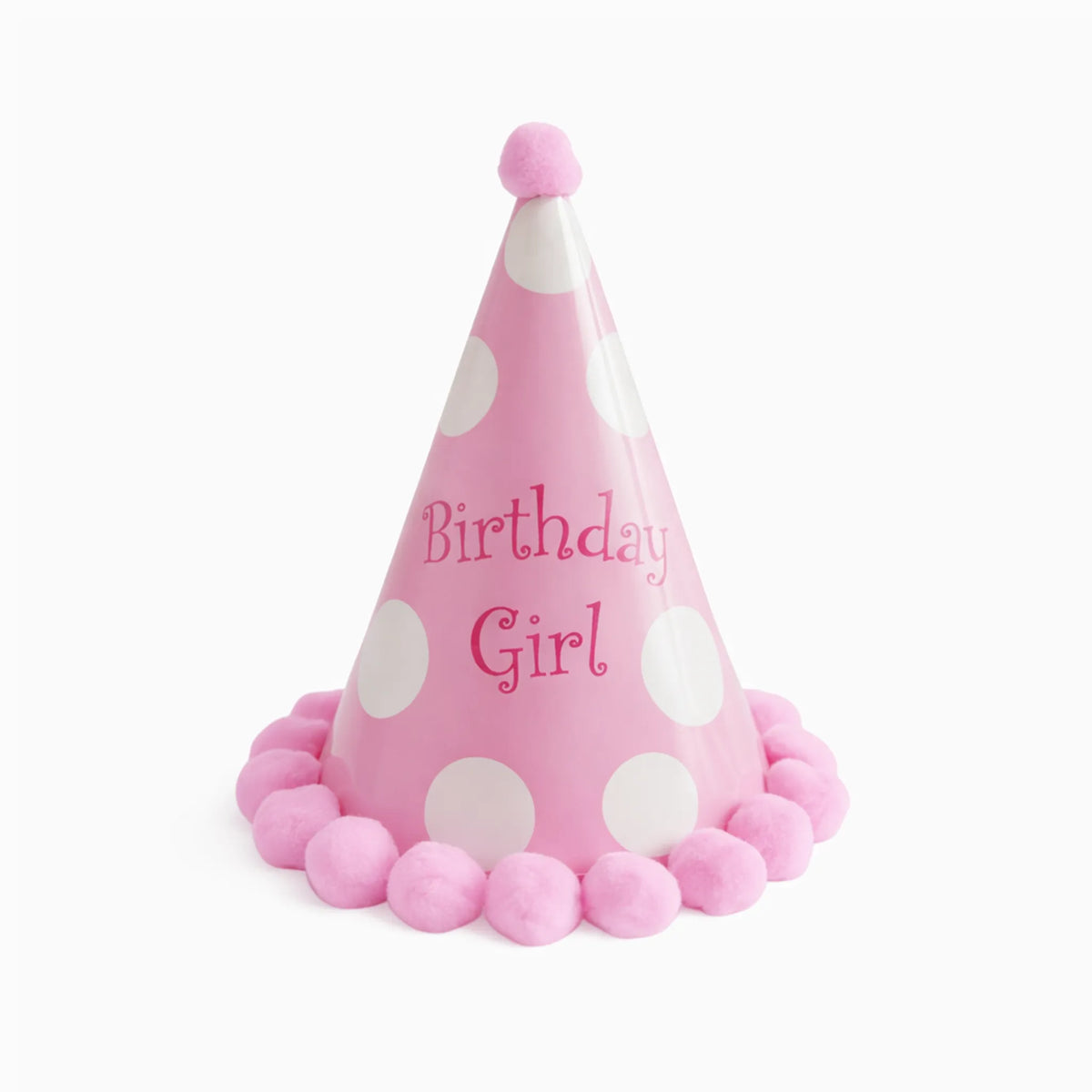 Pink Birthday Girl Party Hat with White Polka Dots and Pom Pom Trim