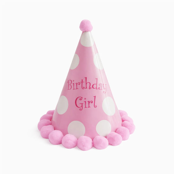 Pink Birthday Girl Party Hat with White Polka Dots and Pom Pom Trim