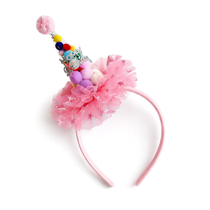 Pink Girls Birthday Party Headband with Mini Cone Hat and Tulle Bow