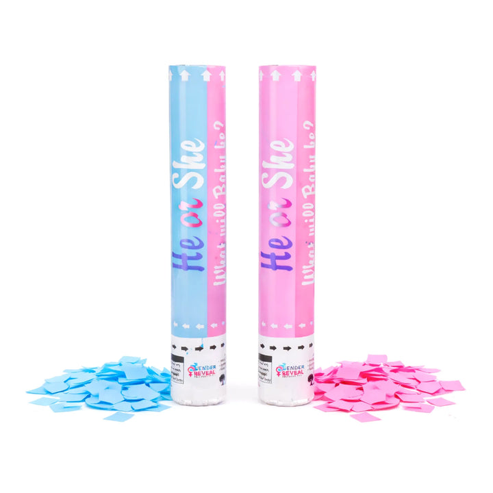 Pink and Blue He or She Gender Reveal Confetti Cannons for Baby Reveal Parties
