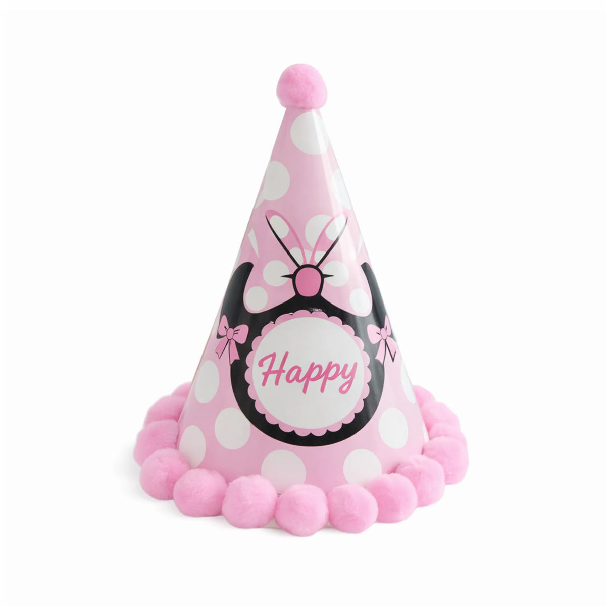 Pink Bow Birthday Party Hat with White Polka Dots and Pom Pom Trim