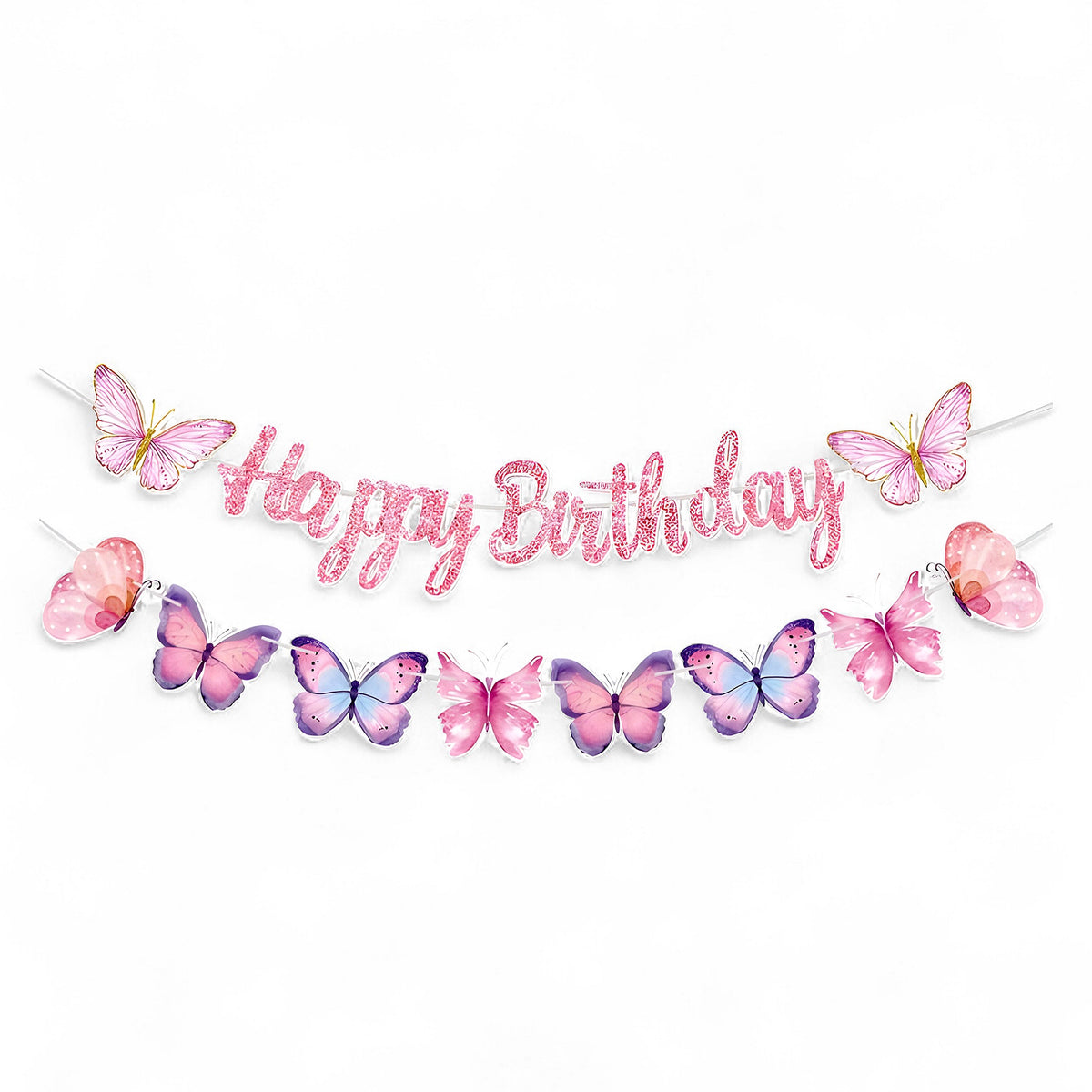 Pink Butterfly Happy Birthday Banner - Elegant Party Garland