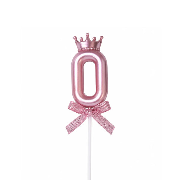 Pink Crown Number 0 Birthday Candle – Metallic Princess Cake Candle