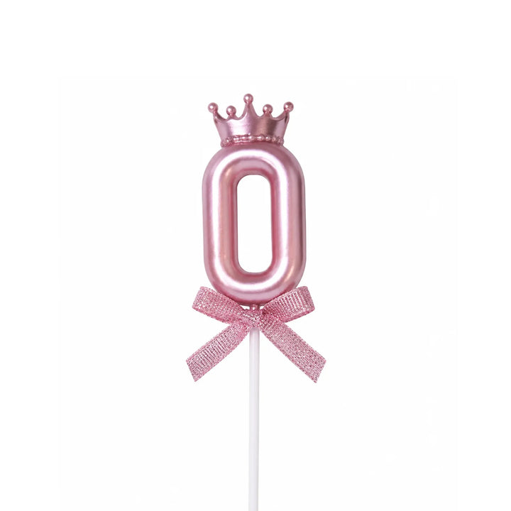 Pink Crown Number 0 Birthday Candle – Metallic Princess Cake Candle