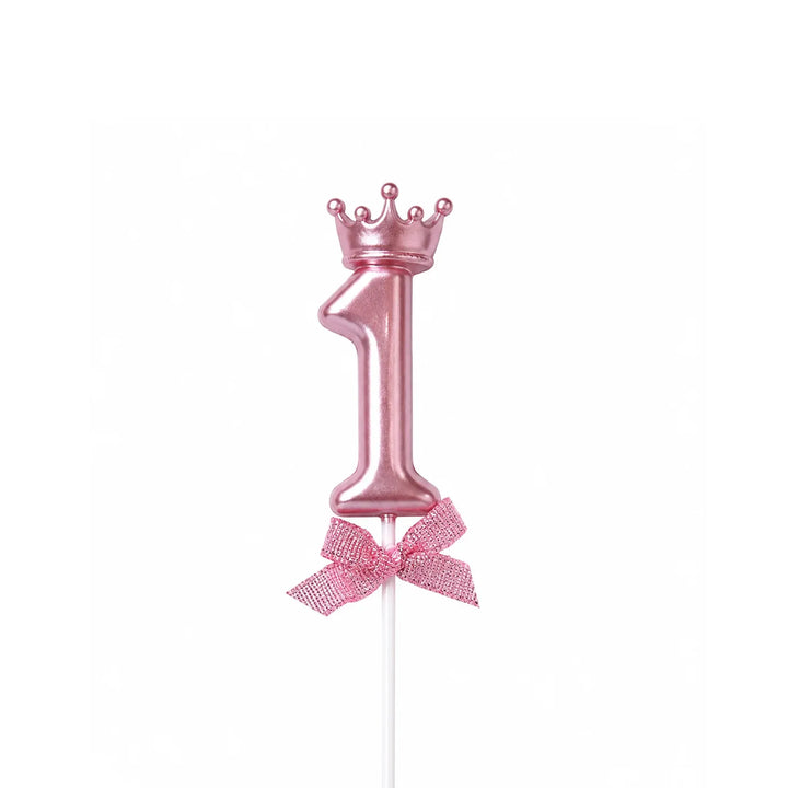 Pink Crown Number 1 Birthday Candle – Metallic Princess Cake Candle