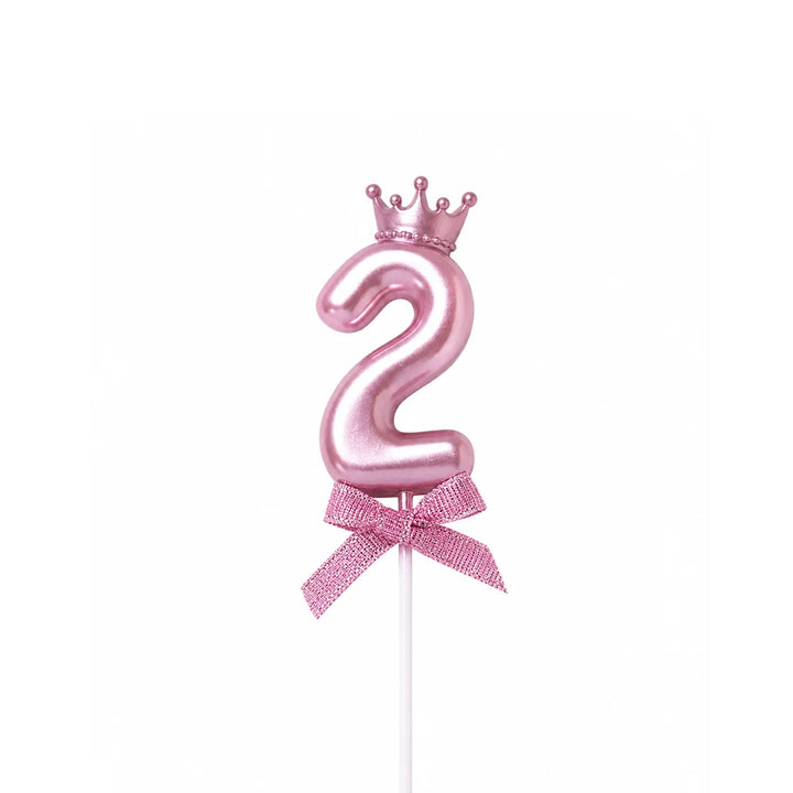 Pink Crown Number 2 Birthday Candle – Metallic Princess Cake Candle