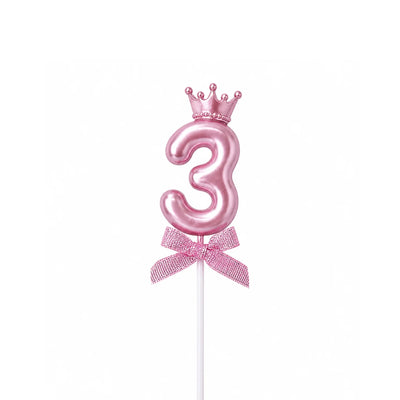 Pink Crown Number 3 Birthday Candle – Metallic Princess Cake Candle