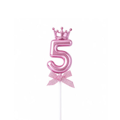 Pink Crown Number 5 Birthday Candle – Metallic Princess Cake Candle
