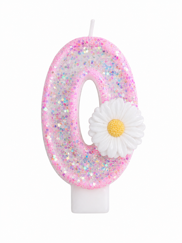 Pink Glitter Number 0 Birthday Candle with White Daisy Flower