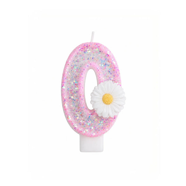Pink Glitter Number 0 Birthday Candle with White Daisy Flower