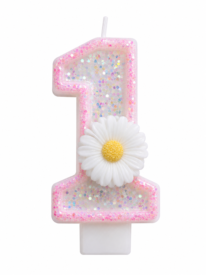 Pink Glitter Number 1 Birthday Candle with White Daisy Flower