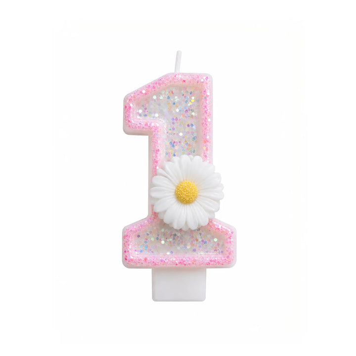 Pink Glitter Number 1 Birthday Candle with White Daisy Flower