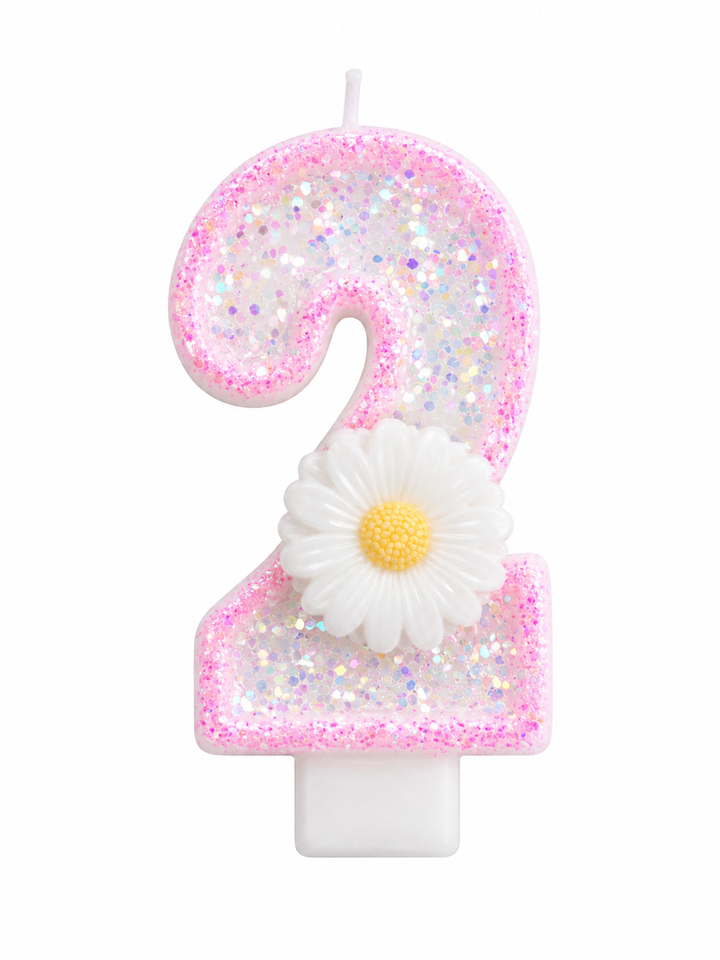 Pink Glitter Number 2 Birthday Candle with White Daisy Flower