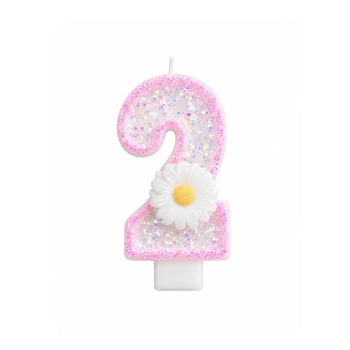 Pink Glitter Number 2 Birthday Candle with White Daisy Flower