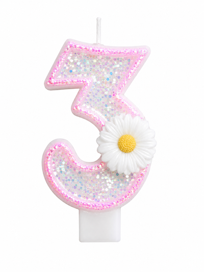 Pink Glitter Number 3 Birthday Candle with White Daisy Flower