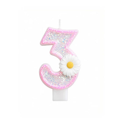 Pink Glitter Number 3 Birthday Candle with White Daisy Flower