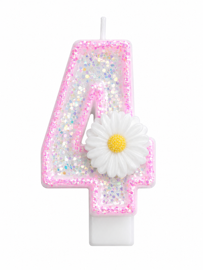 Pink Glitter Number 4 Birthday Candle with White Daisy Flower