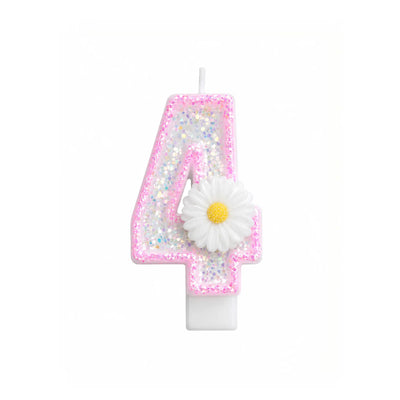 Pink Glitter Number 4 Birthday Candle with White Daisy Flower