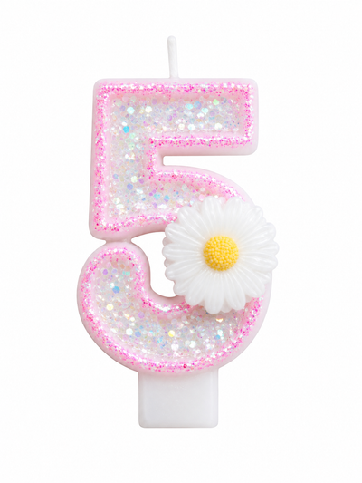 Pink Glitter Number 5 Birthday Candle with White Daisy Flower