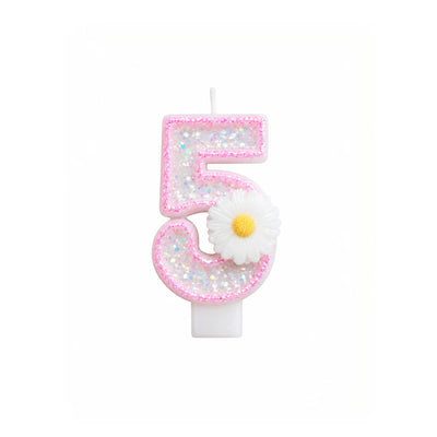 Pink Glitter Number 5 Birthday Candle with White Daisy Flower
