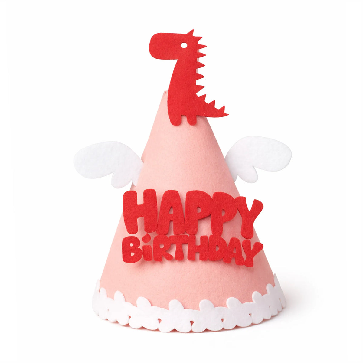 Pink Dinosaur Happy Birthday Party Hat with Felt Wings and Red Dinosaur Topper