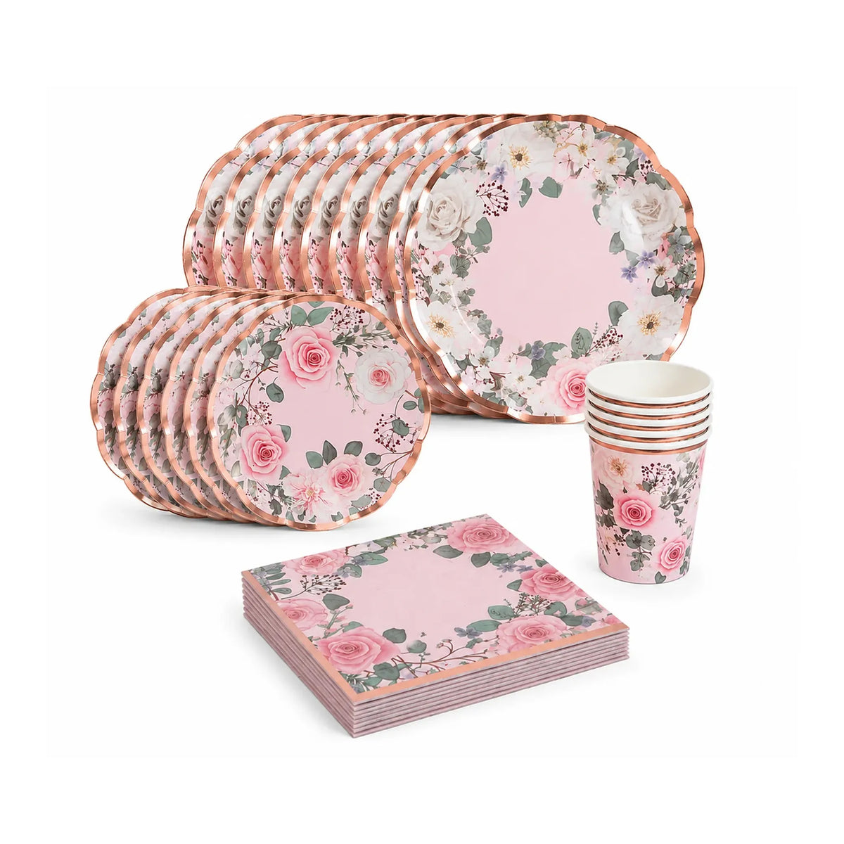Pink Floral Paper Plates Party Set for 8 – Large Plates, Small Plates, 8oz Cups and Napkins