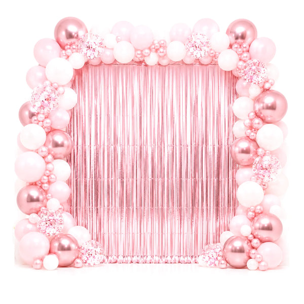 Pink Metallic Foil Fringe Curtain Backdrop for Baby Shower and Birthday Parties