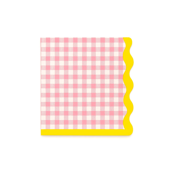 Pink Gingham Party Napkin with Yellow Border, 6.5-inch