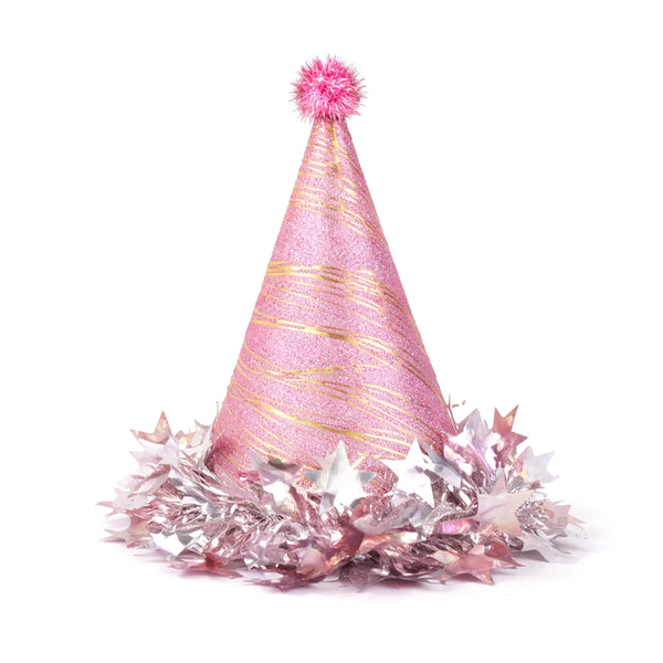 Pink Glitter Birthday Party Hat with Gold Swirl Design and Metallic Star Garland