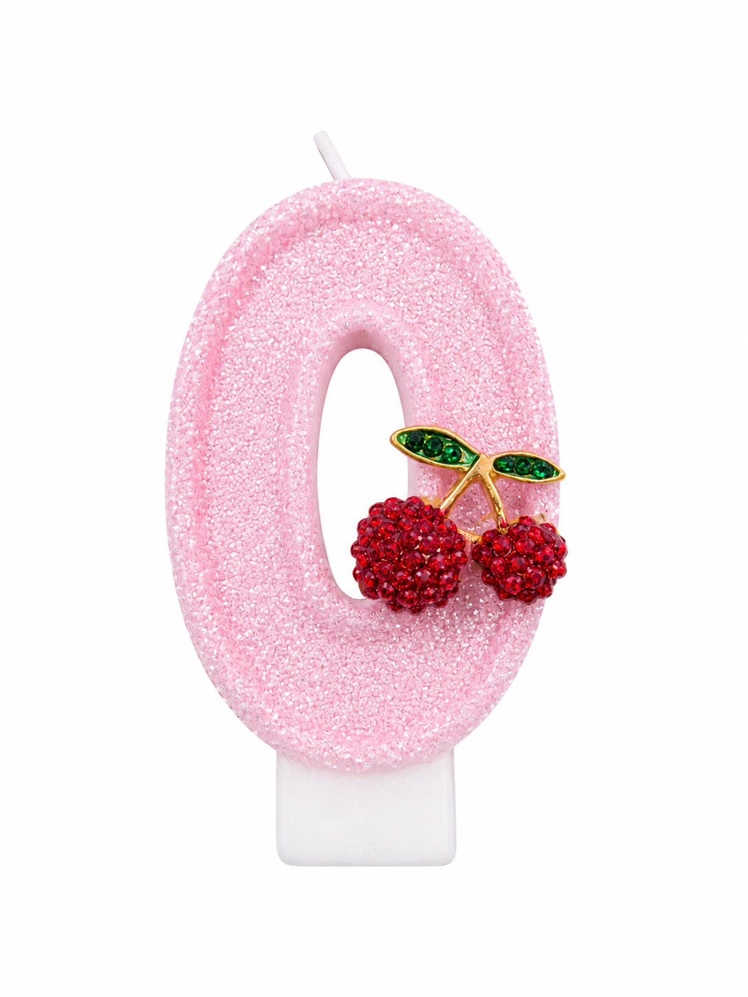 Pink Glitter Number 0 Birthday Candle with Cherry Decoration