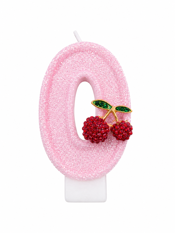 Pink Glitter Number 0 Birthday Candle with Cherry Decoration