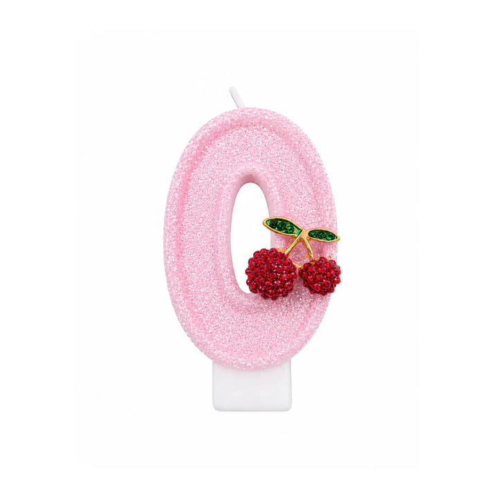 Pink Glitter Number 0 Birthday Candle with Cherry Decoration