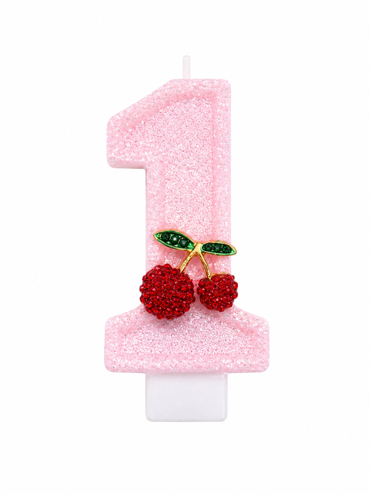 Pink Glitter Number 1 Birthday Candle with Cherry Decoration