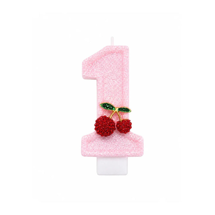 Pink Glitter Number 1 Birthday Candle with Cherry Decoration