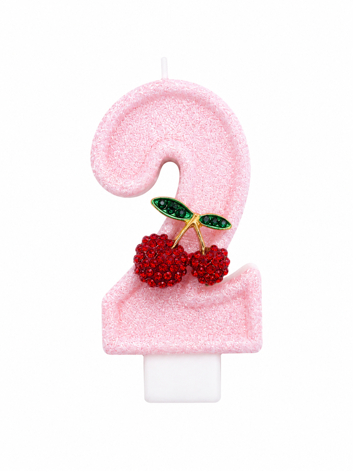 Pink Glitter Number 2 Birthday Candle with Cherry Decoration