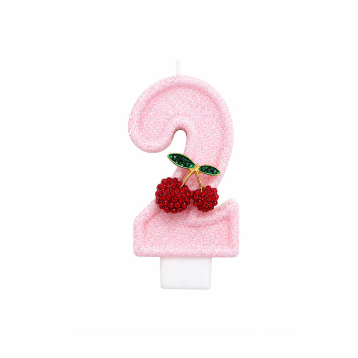 Pink Glitter Number 2 Birthday Candle with Cherry Decoration