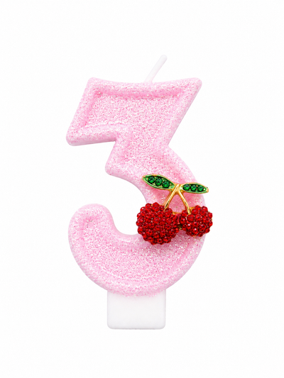 Pink Glitter Number 3 Birthday Candle with Cherry Decoration