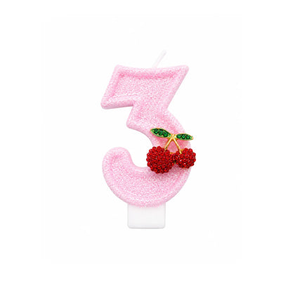 Pink Glitter Number 3 Birthday Candle with Cherry Decoration