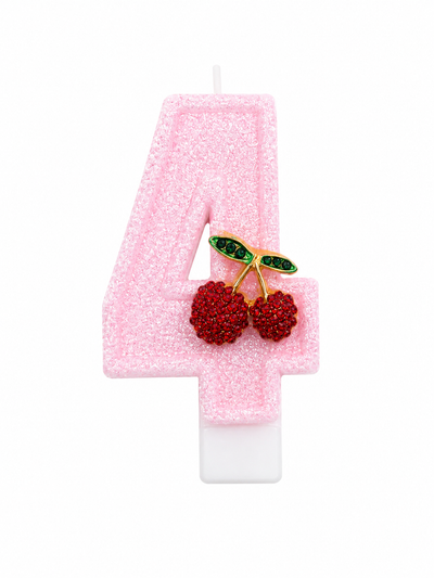Pink Glitter Number 4 Birthday Candle with Cherry Decoration