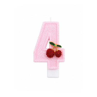 Pink Glitter Number 4 Birthday Candle with Cherry Decoration