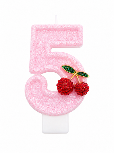 Pink Glitter Number 5 Birthday Candle with Cherry Decoration