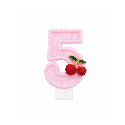 Pink Glitter Number 5 Birthday Candle with Cherry Decoration