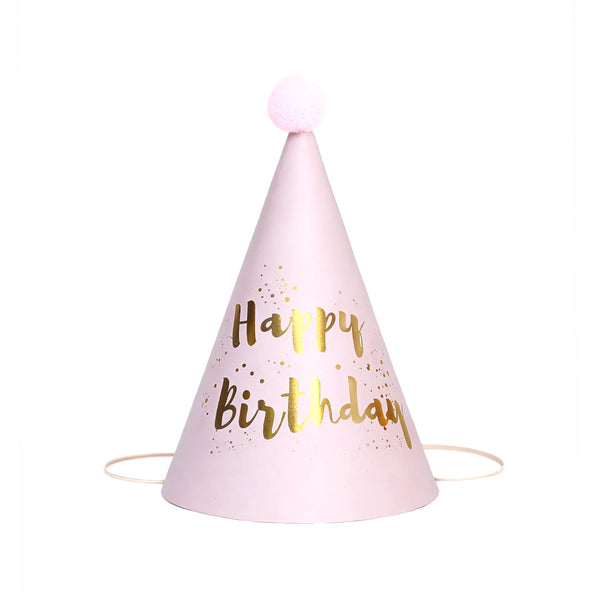 Pink Happy Birthday Party Hat with Gold Foil Lettering
