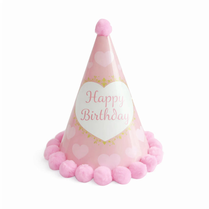Pink Happy Birthday Pom Pom Party Hat for Girls Birthday Celebration